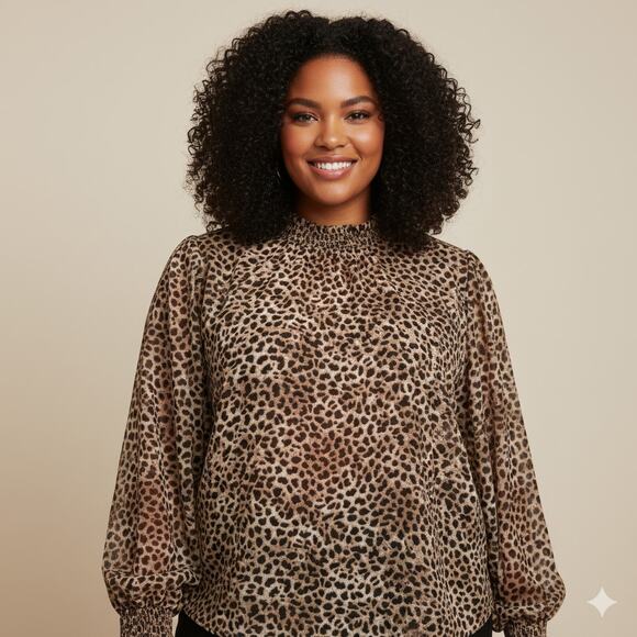 Torrid Size 3X Top Glam Retro Leopard Blouse Shirred Ruffle Neck Victorian NWT - Picture 1 of 11